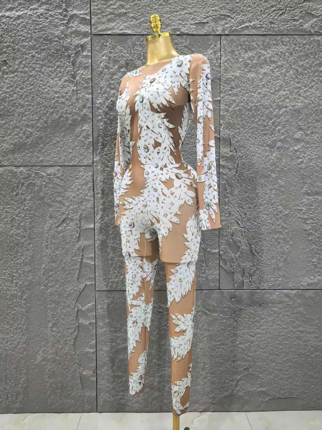 Wholesale Women Sexy Long Sleeve Shinning Rhinestones Bodycon Jumpsuit Celebrate Nightclub Party Performance Costume Stage Wear