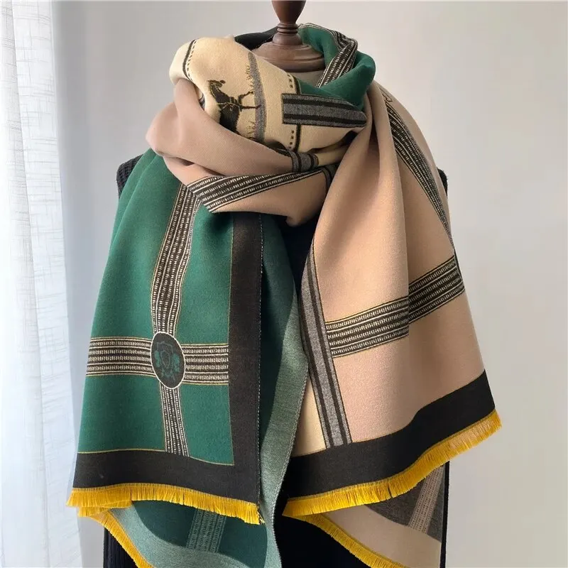 Thick Women Winter Scarf Luxury Horse Print Cashmere Poncho Shawl Travel Wraps Pashmin Blanket Casual Bufanda Echarpe