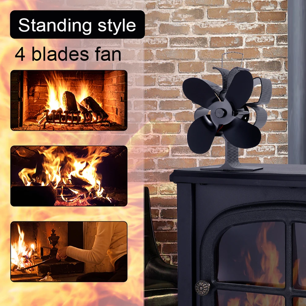 Black Stove Fan 4 Blade Heat Powered Fireplace Fan Log Wood Burner Eco Quiet Stove Fan Heater Home Efficient Heat Distribution