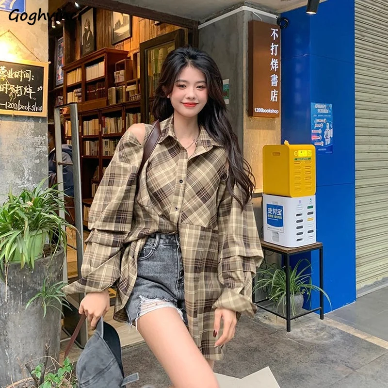 Shirts Women Popular Trendy Simple Plaid All-match Leisure Straight Korean Style SpringThin Clothing Young Ladies Soft Elegant