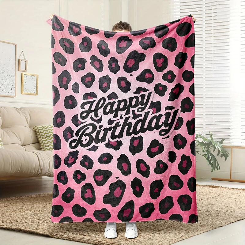 Pink Leopard Happy Birthday Letter Throw Blanket,Soft Sofa,Bed Lap Cover,Party Lounge,Birthday Celebration Gifts