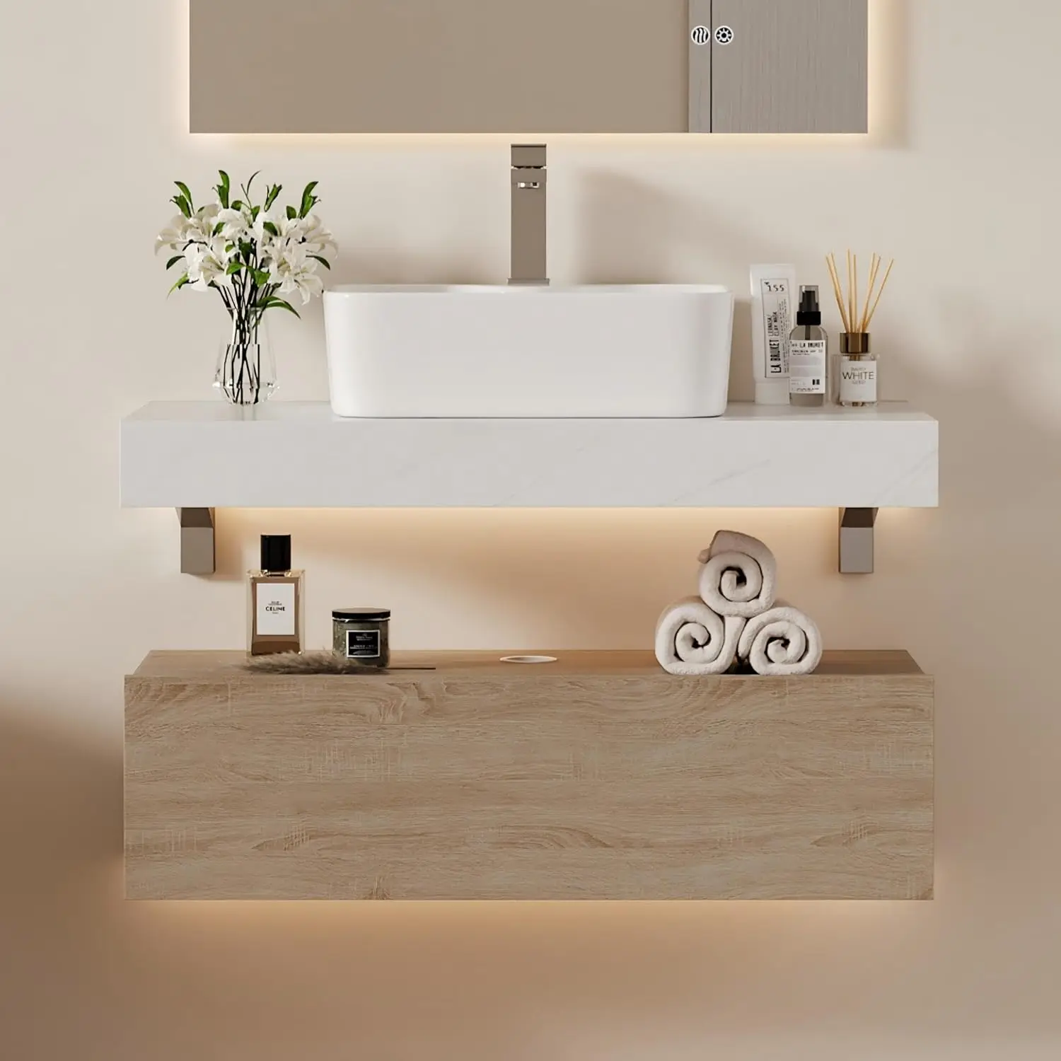 

35'' Floating Bathroom Vanity Sintered Stone Top Wall Cabinet Ceramic Sink Drawer Waterproof Modern Natural, Customized