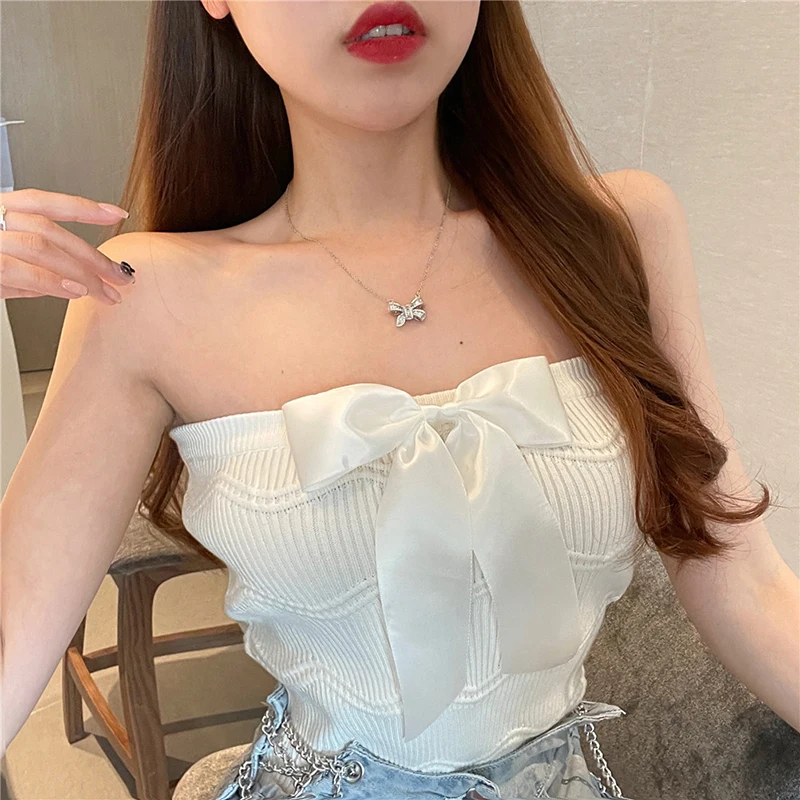 

1PCS Summer Sexy Bow Strapless Camisole Solid Color Women Knitted Sleeveless Slim Crop Top White Black Color