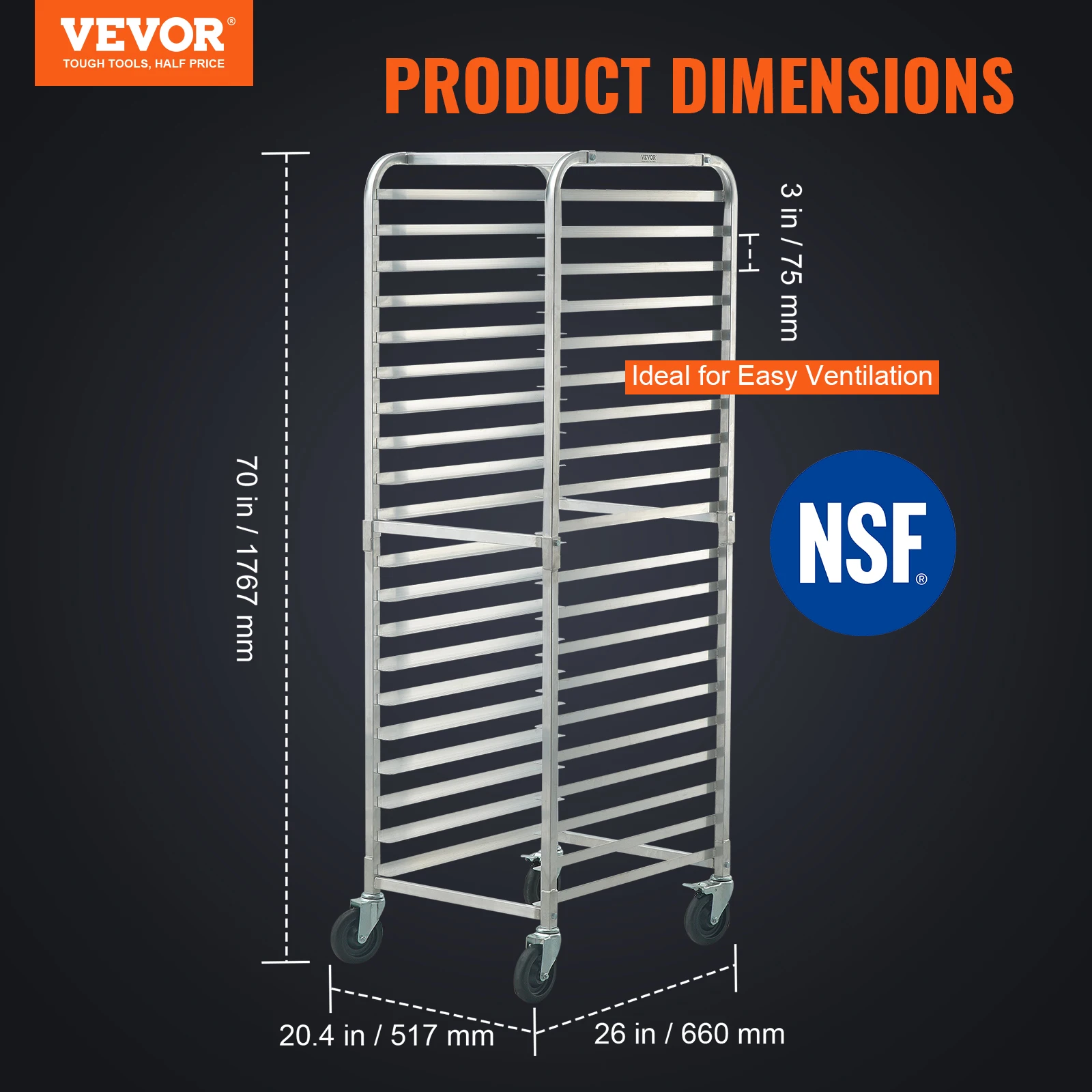 VEVOR 20-Tier Sheet Bun Pan Rack Commercial Bakery Racks with Wheels Aluminum Racking Trolley for Kitchen Restaurant Cafeteria