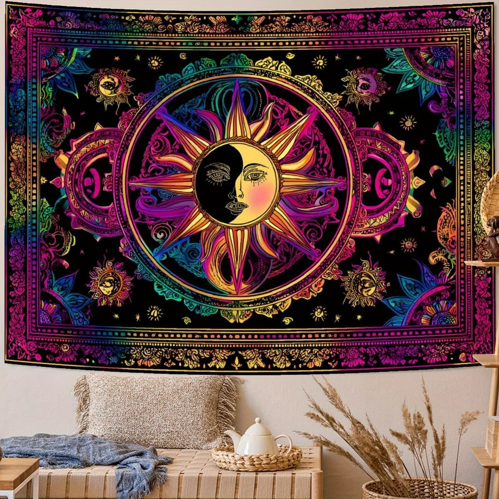 Blacklight Sun And Moon Tapestry Glow In The Dark Neon Hippie Bohemian Tapestries For Bedroom Aesthetic UV Reactive Purple Celes