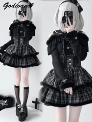 Japanese Mine Mass Production Black Pink Lace Plush Double Layer Cute Tutu Skirt Autumn and Winter Women High Waist Short Skirt