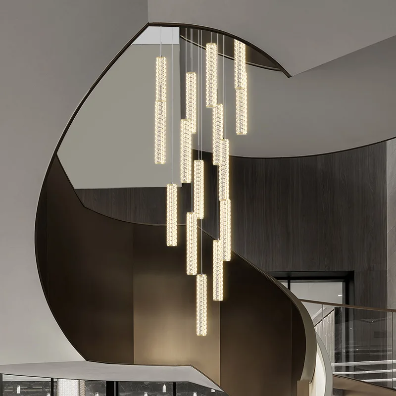 Staircase long chandelier modern minimalist villa light luxury living room loft internet famous rotating duplex building