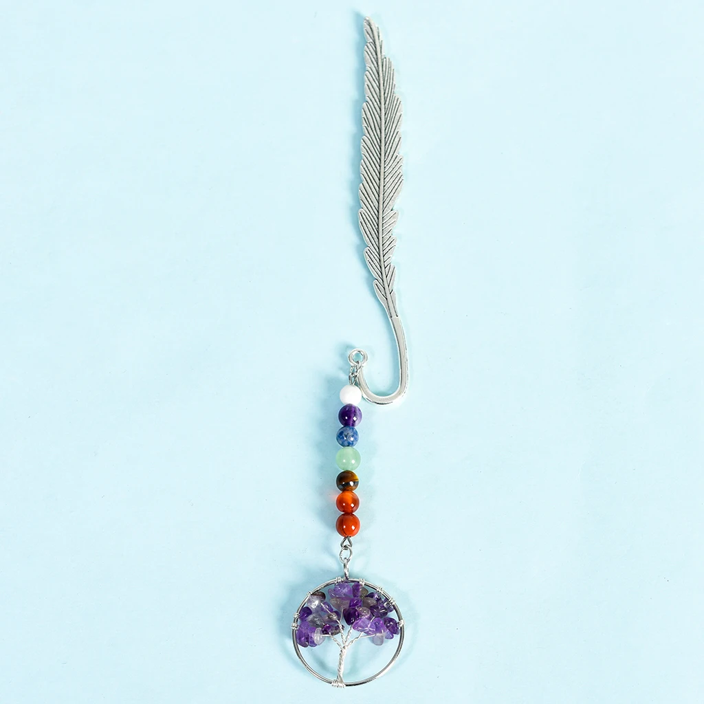 Chakra Beads Crystal Tree of Life Pendant Feather Bookmark/Page Marker