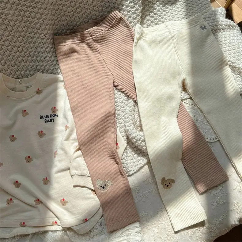 Korean Girls' Ribbed Leggings  Puppy Embroidered Winter Thermal Tights  Stretchy Soft Pants for Baby Toddlers  Cute Warm & Comfy