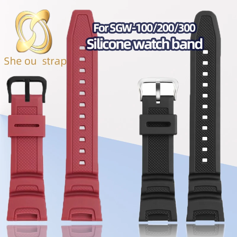 Waterproof Silicone Watchband For Casio SGW-100/200/300 Black Red Rubber Watchstrap Concave Joint Watch Chain