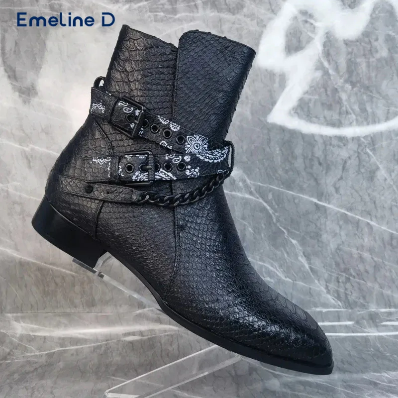 Printed Belt Buckle Trendy Short Boots Black Chain Thick Heel Pull-On Western Boots Personality Casual Large Size Men's Boots