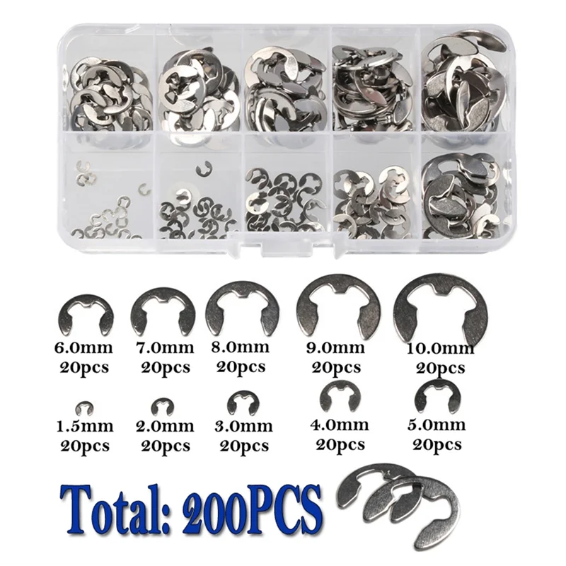 200 PCS 304 Stainless Steel E Clip Washer Assortment Kit Circlip Retaining Ring for Shaft Fastener M1.5-M10