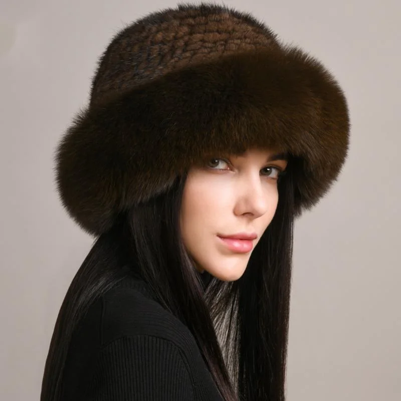 Real Mink Fur Hat Winter Fashion Woven Fur Hat Luxury Handmade Knitted Fur Caps Natural Fur Ear Protective Caps Thick Bomber Hat