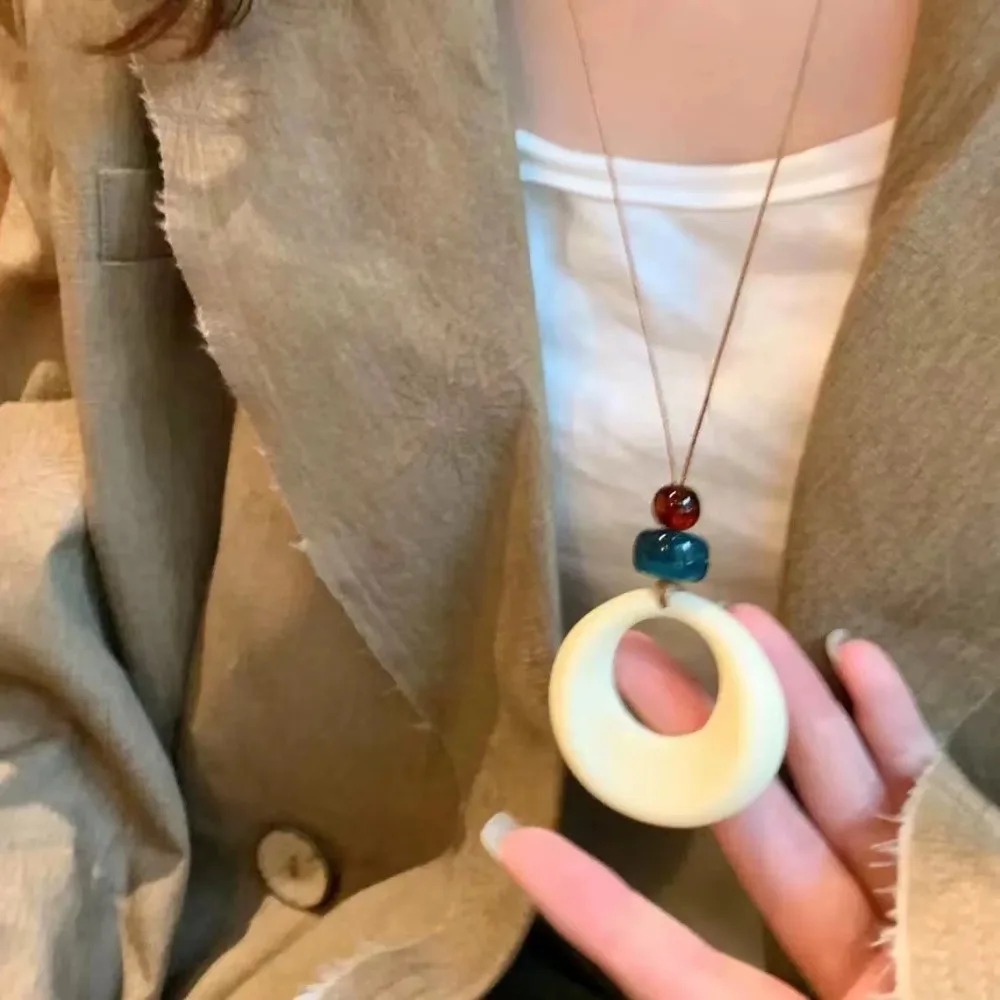 Fashion Retro Resin Ring Pendant Necklace Originality Long Leather Rope Necklace Elegant Daily Wear Sweater Accessories