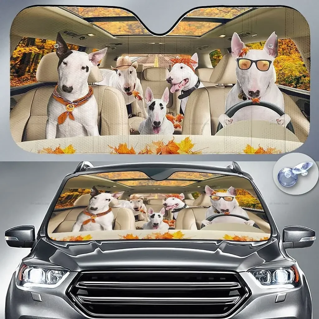 Funny Bull Terrier Family Driving Autumn Dog Lover Car Sunshade Windshield Window, Gift for Bull Terrier Lover, Car Windshield A