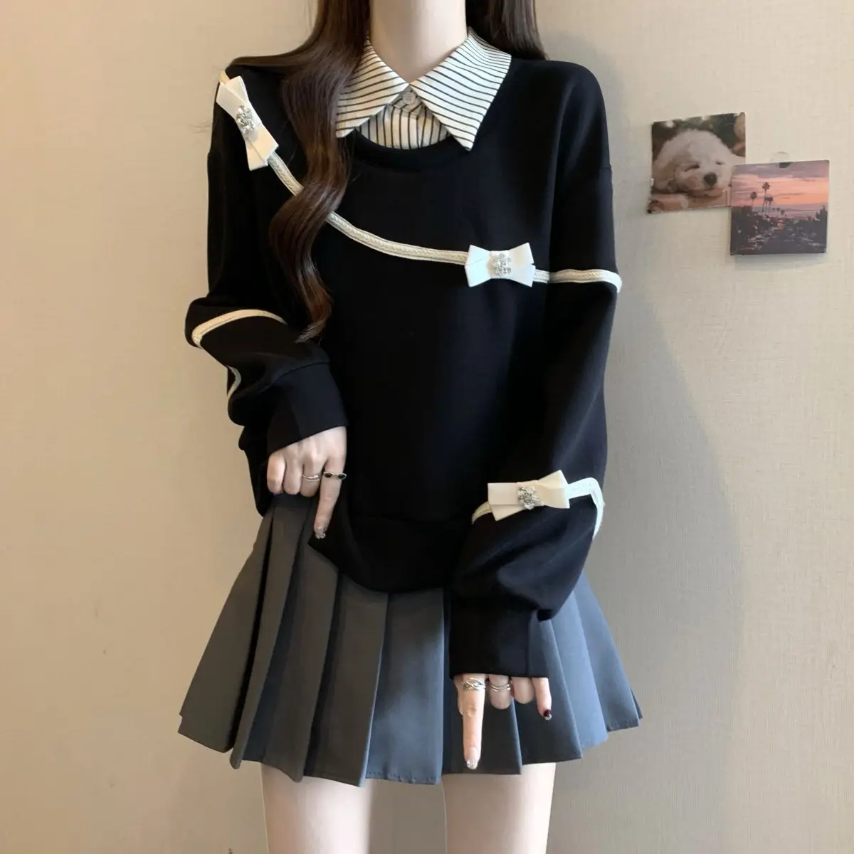 

Autumn Winter Fashion Temperament Fake Two Pieces Bow Sweatshirts Oversized Women Clothing Vintage Turn-down Collar Striped Tops