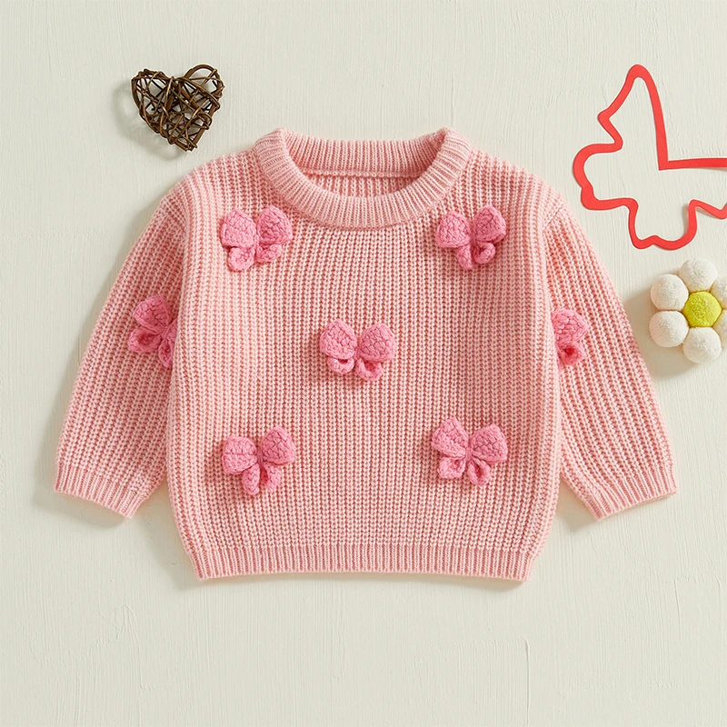 Spring Autumn Newborn Baby Girl Knitted Long Sleeve Sweater 3D Bowknot Pullover Casual Tops Toddler Clothes 9M-4Y