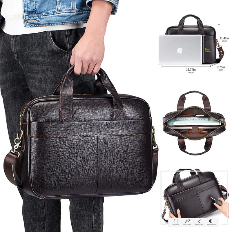 New Men\'s Briefcase Business Handbag 100% Genuine Leather 14 inch Men\'s Laptop Bag Multi functional File Bag Luxury Men\'s Bag