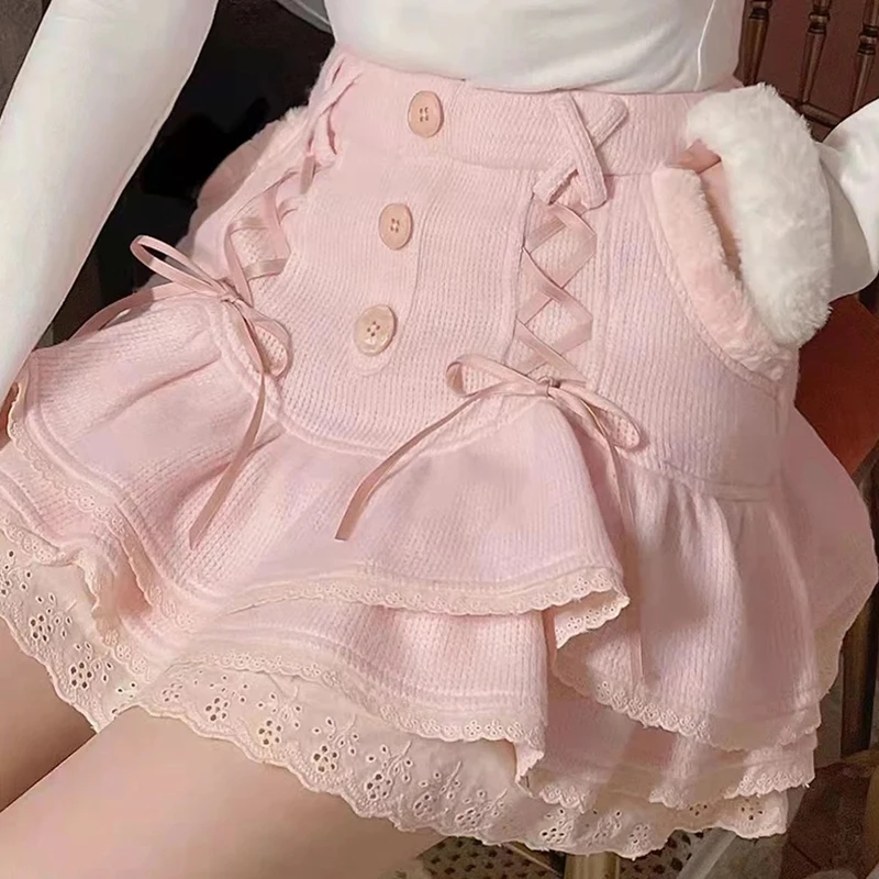 Sweet Ruffles Mini Skirt Women Cute Lace Trim Bow Tie Knitted Tiered Skirt Fall Winter Fuzzy Pocket High Waist A Line Skirt New