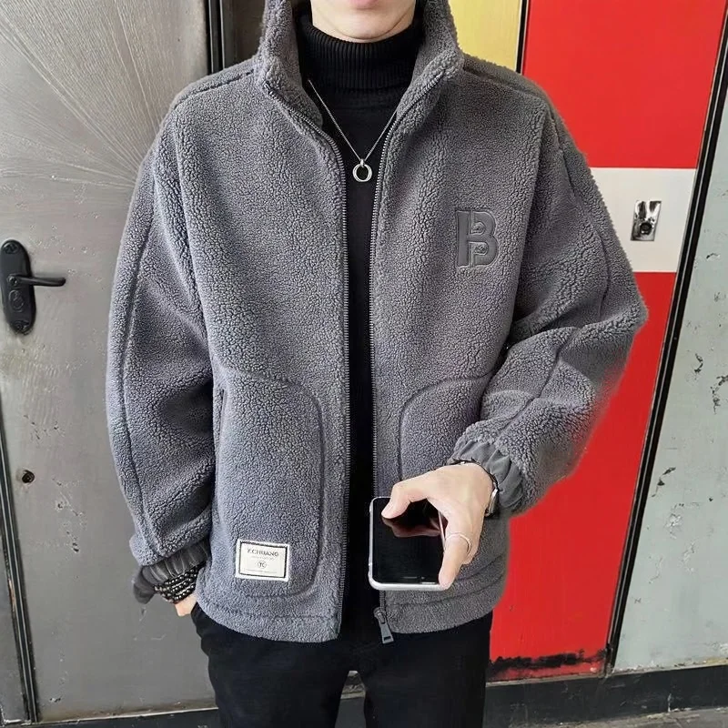 

Lamb Velvet Thickened Cotton Jacket Men's Autumn Winter New Style Korean Version Fleece Lined Casual Warm Cotton Coat Open Ca...