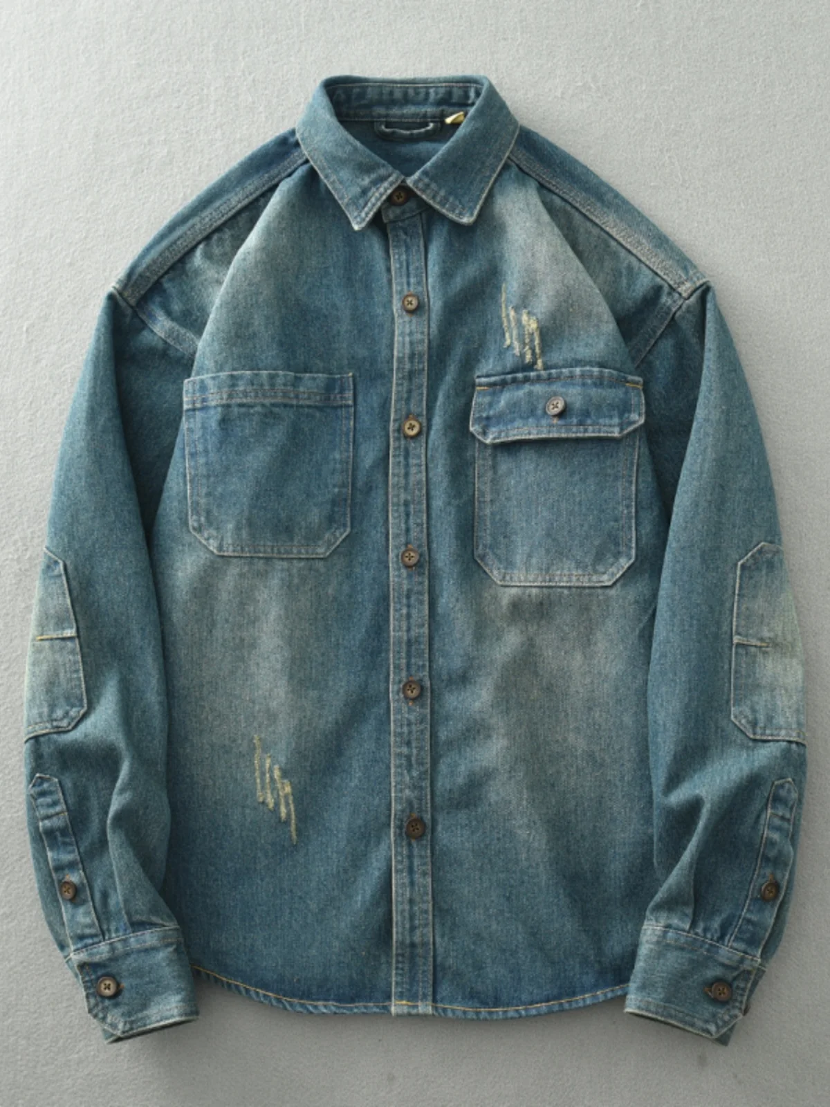 Retro American Washed Denim Shirt Men's Autumn Winter Loose Casual Jacket Coat Youth No Brand Classic Blue Long Sleeve Button up