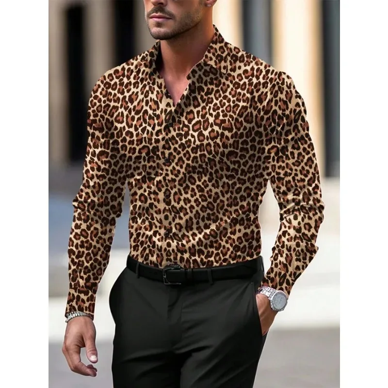 Camisa de un solo pecho con solapa para hombre, abrigo transpirable cómodo, camisa informal de manga larga con estampado de leopardo, nueva