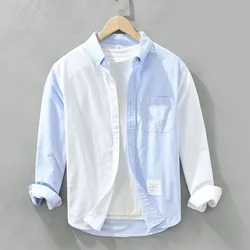 Camisa de retazos de manga larga para hombre, camisas azules de algodón con cuello vuelto, ropa de moda, Otoño, nuevo