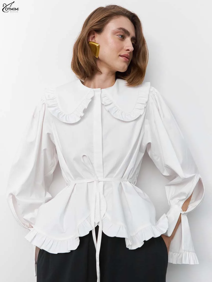 

Oymimi Elegant White Cotton Women's Blouse Fashion Peter Pan Collar Long Sleeve Blouses Casual New Button Lace-Up Blouses Female