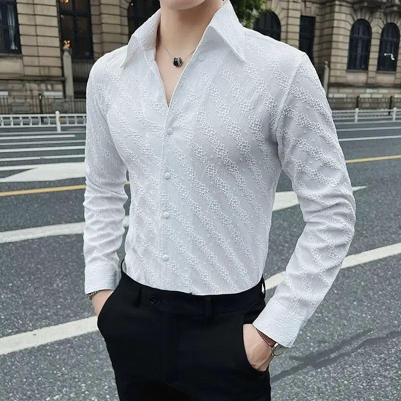 Spring Autumn New Fashion V-neck Long Sleeve Solid Color Blouse Men\'s Clothing Button Smart Casual Korean Slim Simplicity Shirts