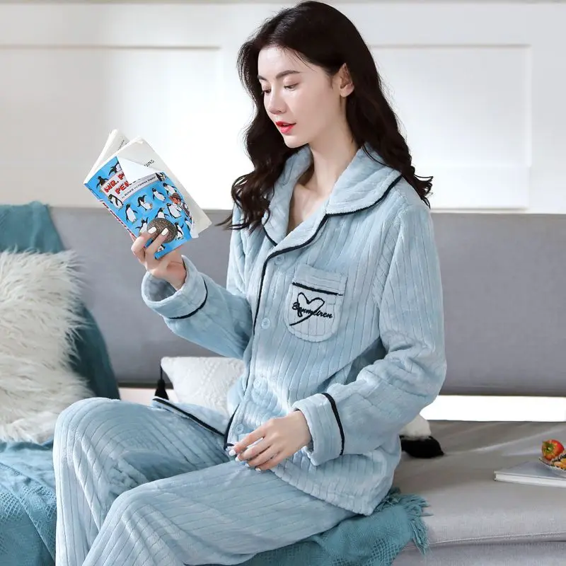 

Thickened Warm Flannel Women Sleepwear Loungewear Cardigan Suit Winter Soft Ladies Pajamas Homewear Flannel Spring Autumn