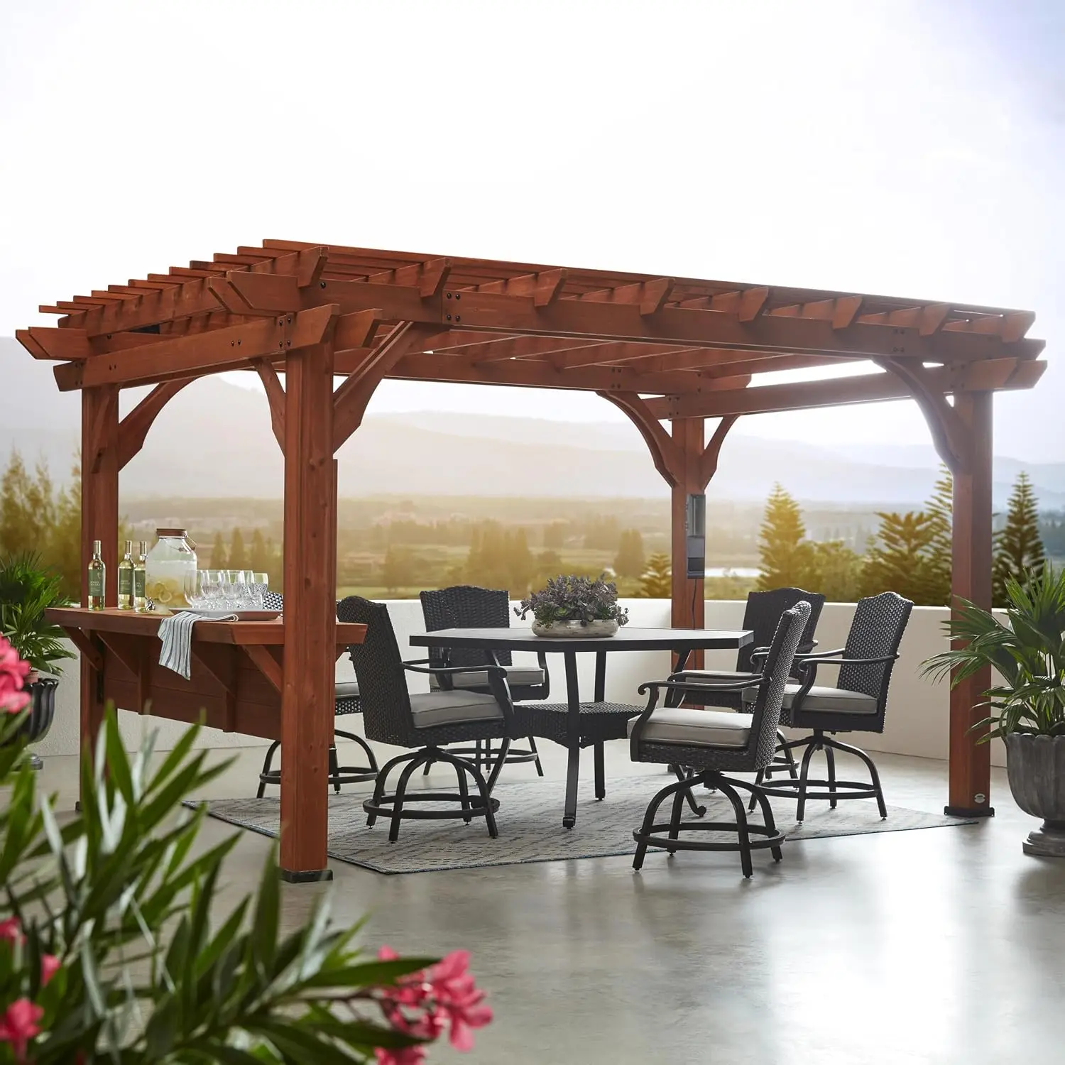 Ashland 14' x 10' Cedar Wood Pergola Kit with Trellis Roof, Built-In Bar Top, All-Season Durability, High-Wind Rating, PowerPort