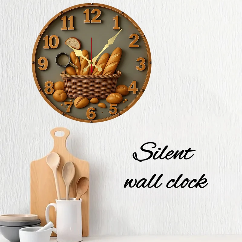 Bread Basket Wooden Round Silent Hanging Wall Clock, Suitable For Living Room, Office, Study Room, Bedroom, Home Decoration.