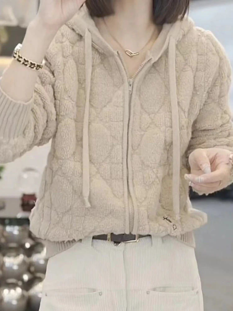 2026 Spring Autumn Women Zipper Hooded Knit Jacket Thickened Cropped Sweater Cardigan Chic Youthful Casual Outerwear