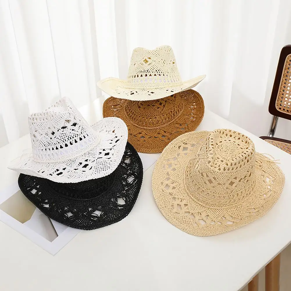 Women Cowboy Hat Unisex Hollow Out Summer Hat Solid Color Curled Edge Strap Jazz Hat Decorative Vintage Braided Straw Hat