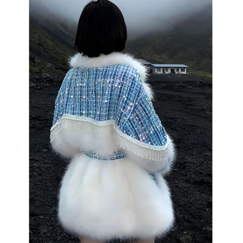 Faux Fur Coats for Women,Fur Collar Jackets,Fur Cuffs Overcoat,Female Clothes,Sequins,Adjustable Waist,Luxury,New ,Winter