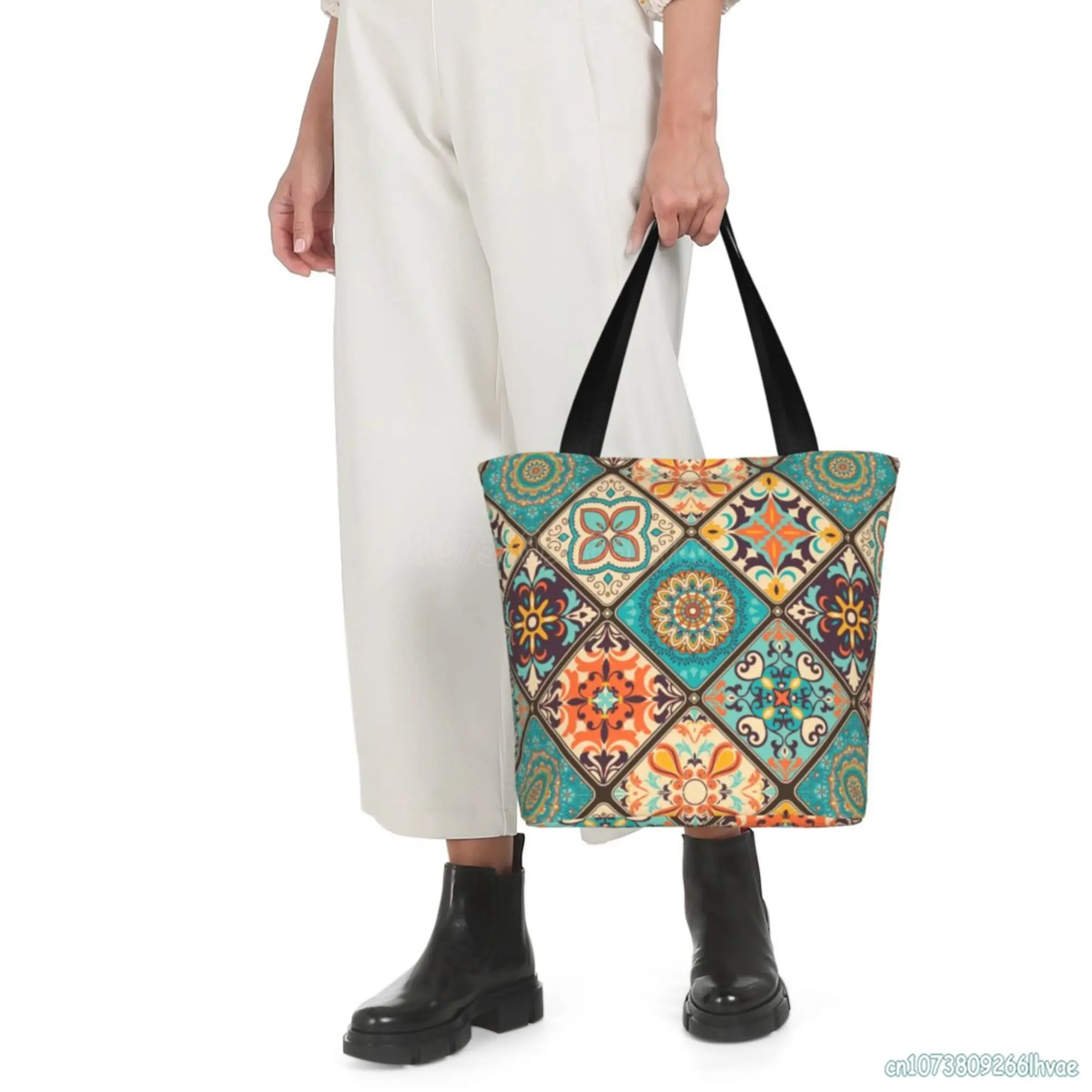 Boho แบบดั้งเดิมกระเป๋าสะพายไหล่รูปแบบ Mandala สีสันกระเป๋าผู้หญิง Tote กระเป๋า Reusable ช้อปปิ้งร้านขายของชำกระเป๋าสำหรับเดินทาง