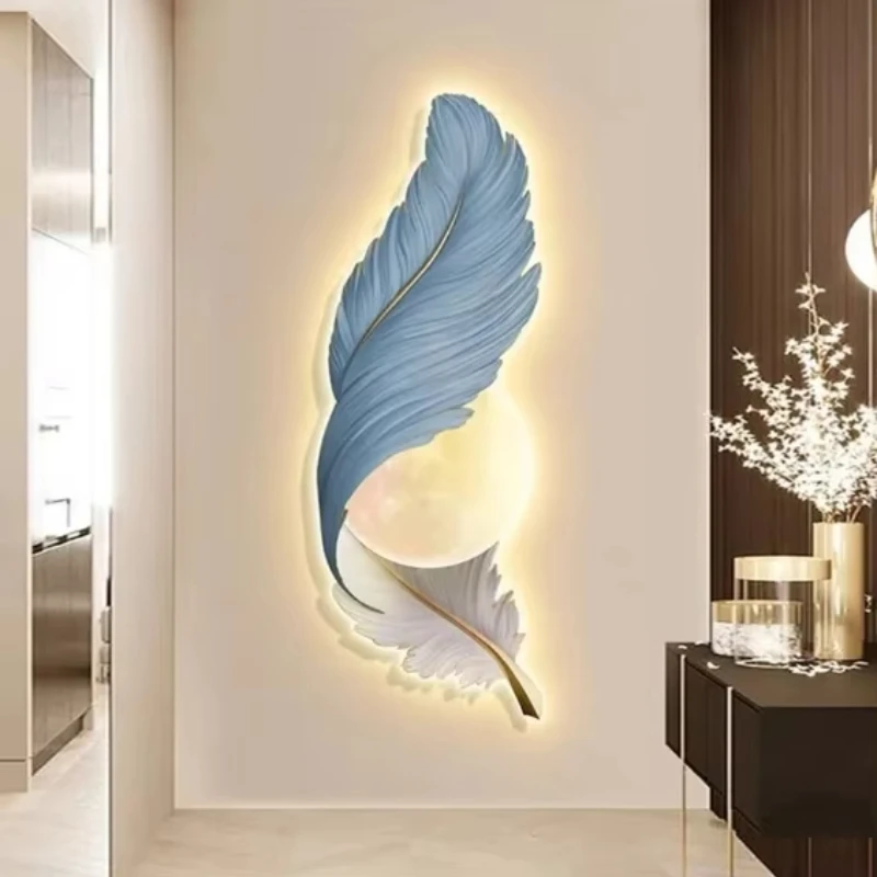 

Lamp Luxury Feather Porch Decorative Painting Light Emitting Diode Luminous Painting High-end Vertical Mural Painting Aisle