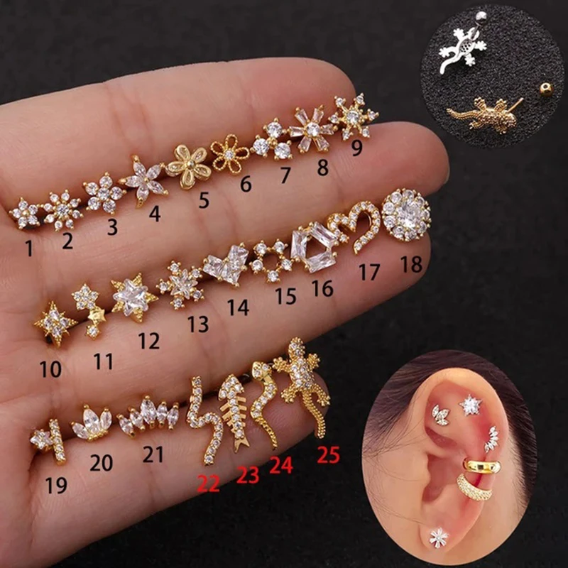 1 pieza 20G Helix Piercing joyería Concha Rook Lobe Tragus Stud Color plata oro plantas animales Cz cartílago pendientes joyería del cuerpo