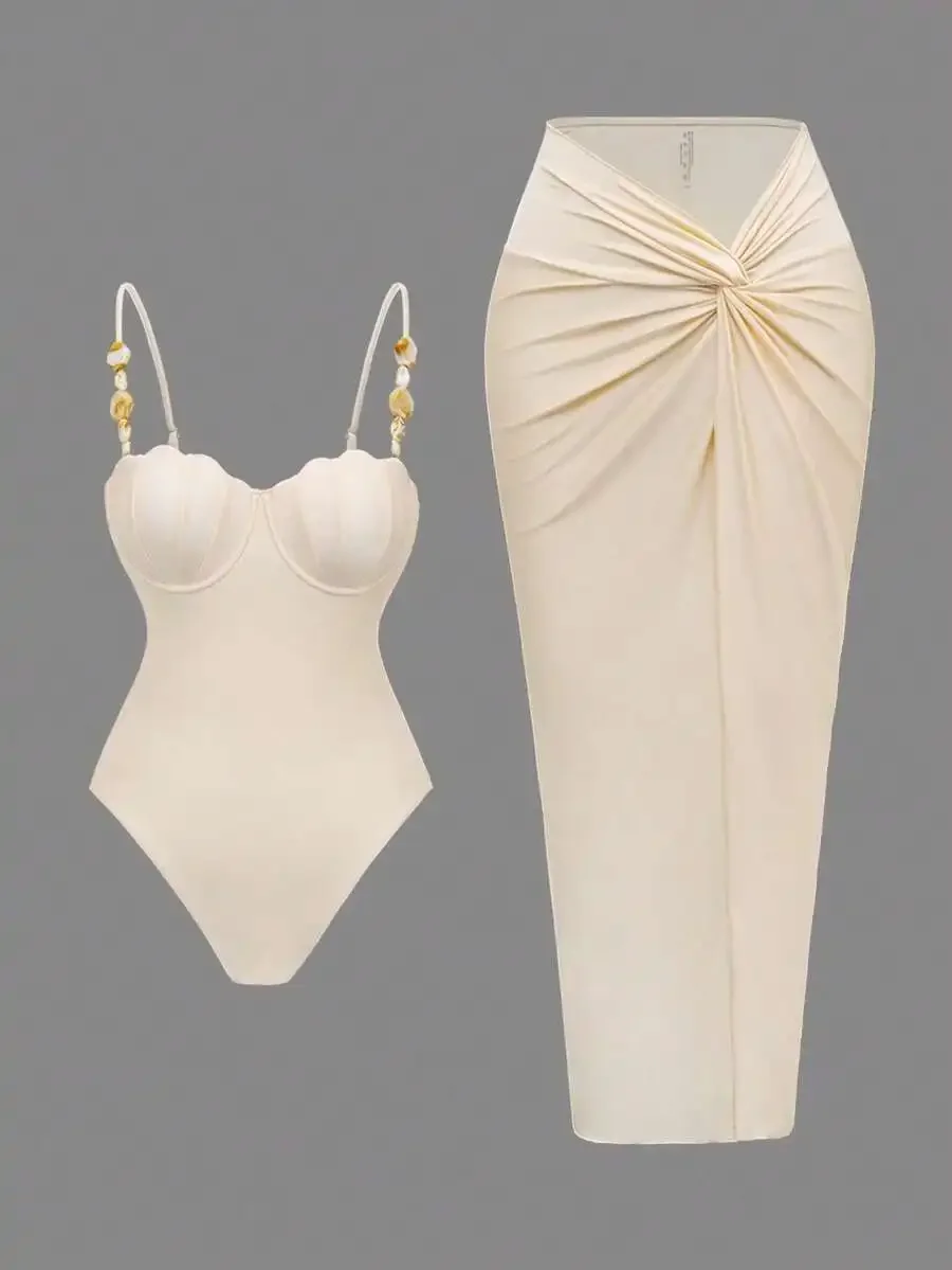 

2pcs Women Solid Color Shell Detail One Piece Swimsuit With Long Skirt