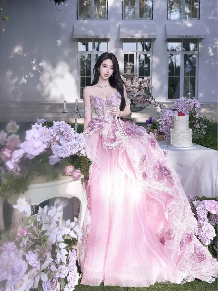 Pink trailing three-dimensional rose strapless birthday and coming-of-age banquet host dress