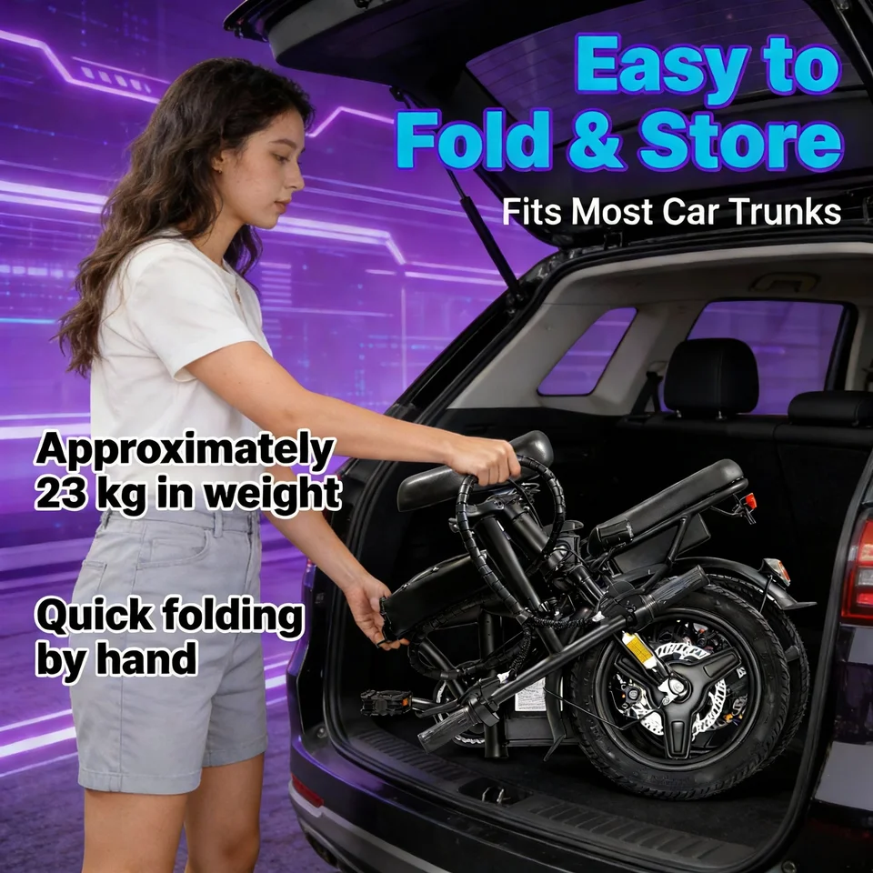 T5 14Inch Folding Electric Bike for Adult Commuters 48V 750W Peak 20MPH 18-22 Miles Range Disc Brake Lightweight E-bike image 3