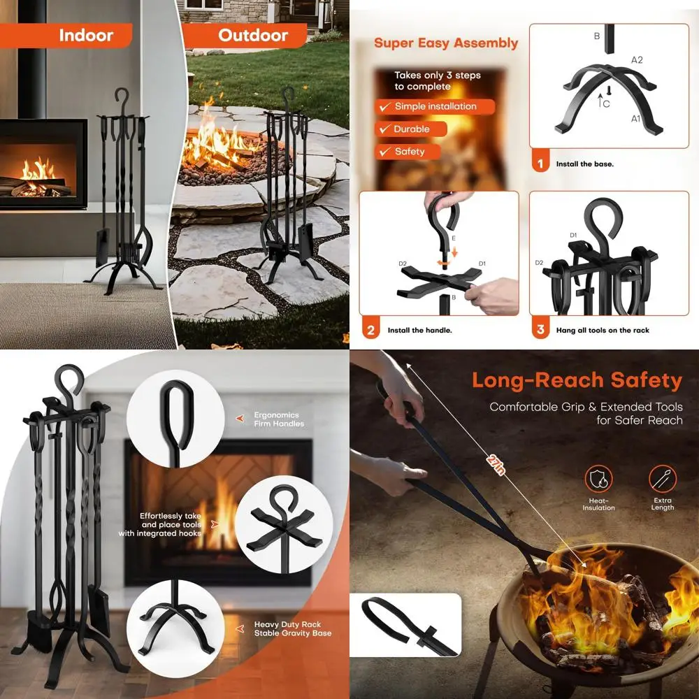 

32-дюймовый набор инструментов для камина из кованого железа, 5 предметов, с эргономичными ручками, черный, подходит для внутренних и наружных пожаротушения