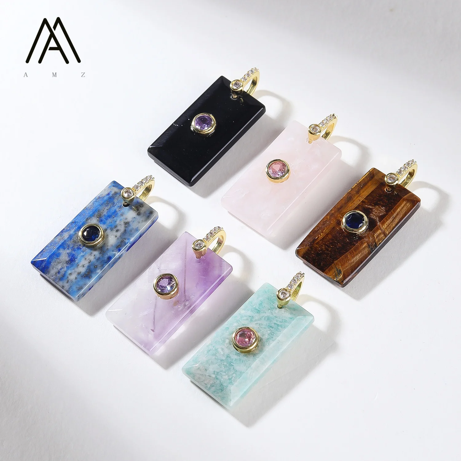 1/3/5/10pcs Rectangle Natural Gemstone Pendant Amethyst Rose Quartz Gold Plated Chakra Healing Crystal Necklace Jewelry Making