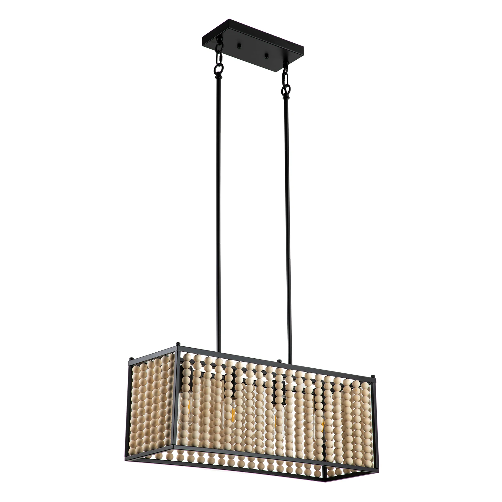 木製ビーズシャンデリア 4灯 24インチ ボヘミアンシーリングライト 高さ調節可能 20-44インチ リビングルーム ダイニングルーム 寝室用