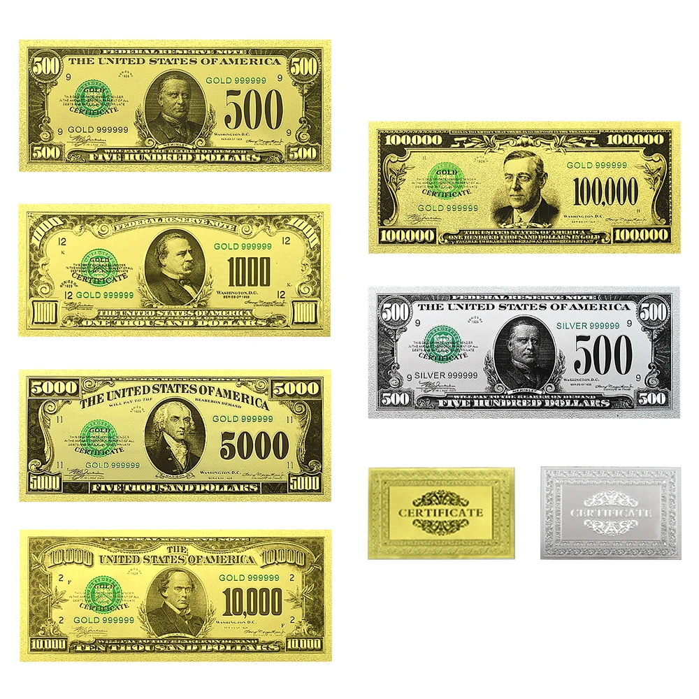 6pcs/Set USA Dollars 6Style Gold/Silver Foil Banknotes with Certificate Art Craft Bussiness Gift