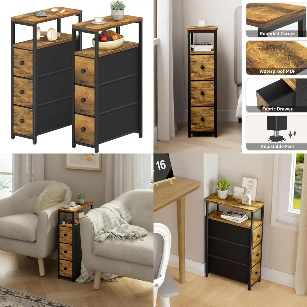 

Набор из 3-х тумбочек с выдвижными ящиками для небольших помещений, отделка в стиле фермерского дома, коричневый цвет.