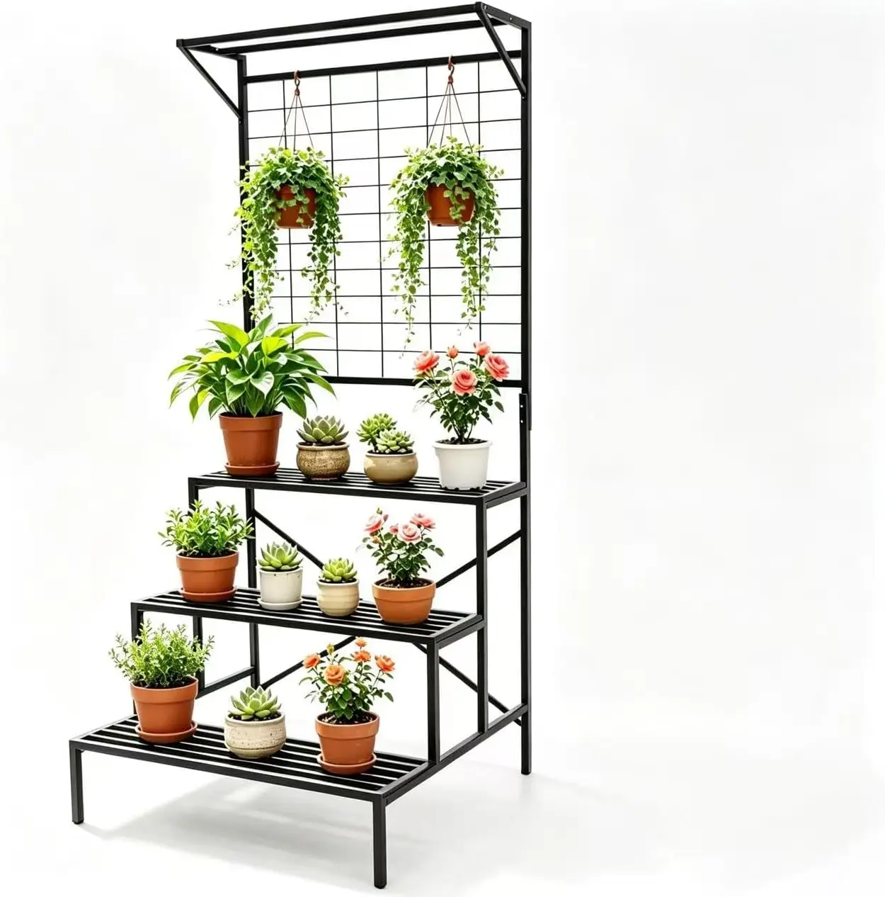 Tier Tall Heavy Duty Metal Plant Stand with Hanging Plant Pot Shelf Multi Layer Large Plant Holder for Home Garden 35.43 x 33.27 x 78.74 Inch
