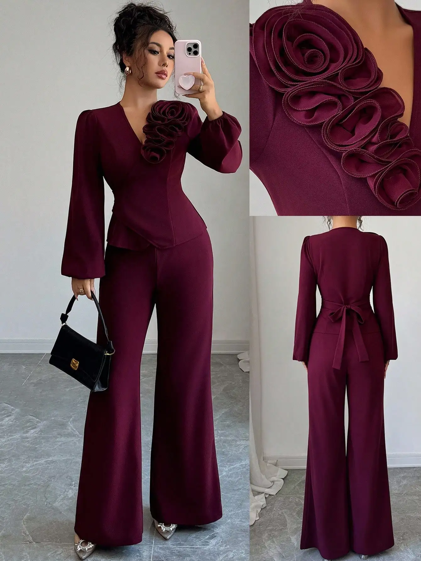 

Бордовый комплект из блузки с цветочным принтом и рюшами и расклешенных брюк для вечера или офиса