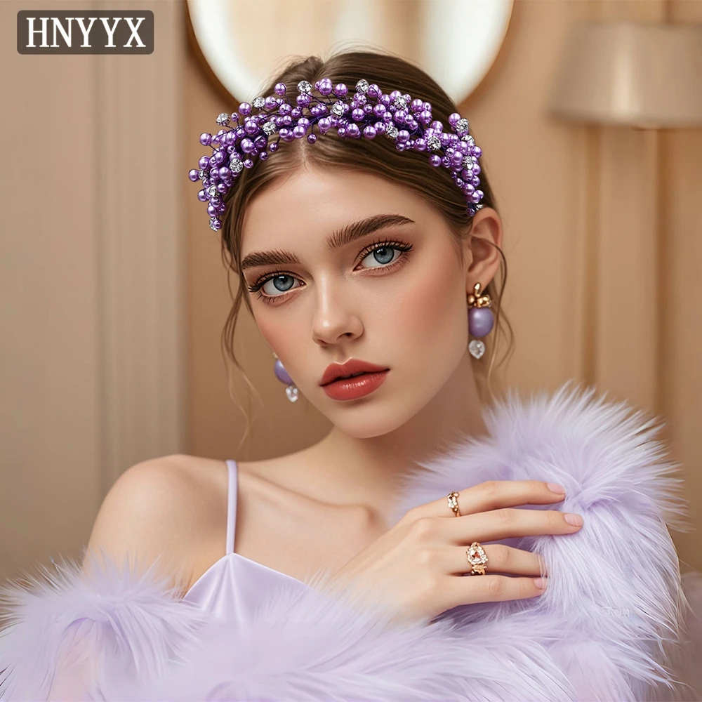 

HNYYX Purple Pearl Headband Sparkling Rhinestone Hair Piece Elegant Festive Headwear for Women Fashion Party Headdress A80