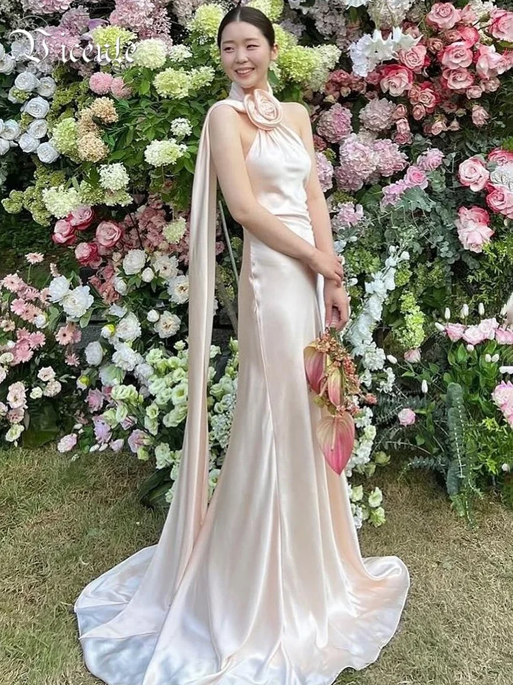 

VC Elegant Artistic Beige Halter Satin Sleeveless Dress Wedding Party Evening Gown